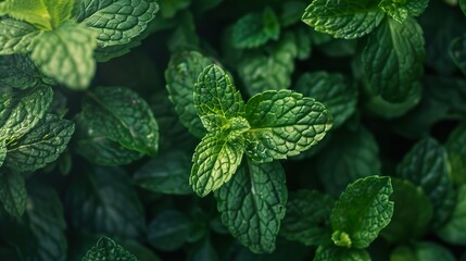 Wall Mural - Close-up of fresh green mint leaves with a blurred background.