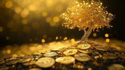 Gold coins with a gold tree representing crypto market