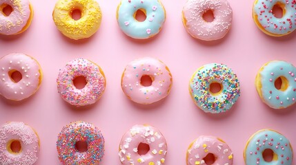 A vibrant display of pastelcolored donuts with whimsical sprinkles, elegantly arranged on a pink background, perfect for parties and celebrations, attracting attention with their cheerful look