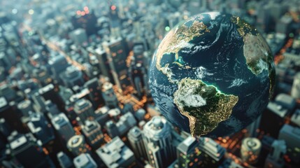 Poster - A cityscape with a giant globe in the center, symbolizing exploration and discovery