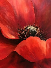 Canvas Print - Close up view of a vibrant red flower in an oil painting