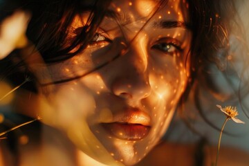 Wall Mural - Close-up of a woman's face with flowers in the background, suitable for use in editorial or commercial contexts