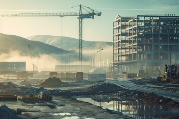 Aufkleber - A construction site scene with a crane in the background, suitable for use in architecture or industry-related projects