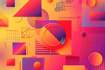 Poster - A collection of variously colored shapes against a bright yellow background