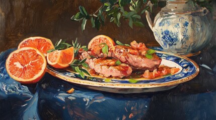 Oil painting depicting a dish featuring duck fillet and pomelo