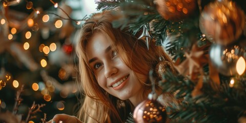 Wall Mural - A person holds a festive decoration near a decorated Christmas tree