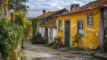 Poster - A traditional cobblestone street in a quaint small town with old buildings and rustic charm