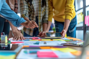 Poster - People gathered around a table covered in sticky notes, planning and brainstorming