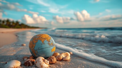 Poster - Globe on Beach with Seashells