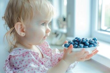 Wall Mural - A young child holds a bowl of fresh blueberries, possibly for snacking or as a treat