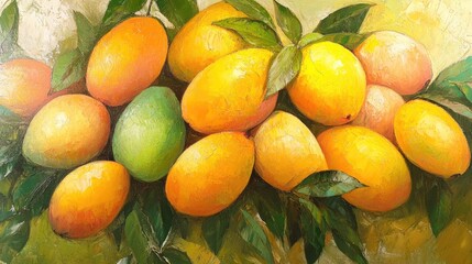 Oil painting showcasing various mango fruits in shades of yellow and green highlighting different types of mangoes