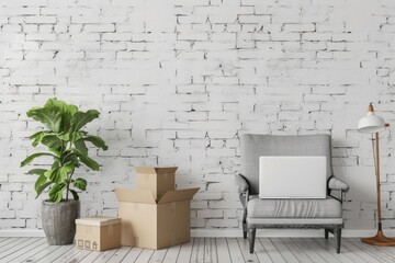 Poster - A simple interior scene with a white brick wall, a chair, and a plant