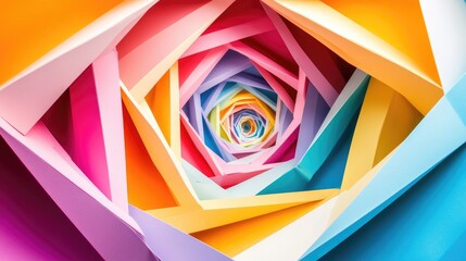 Wall Mural - Vibrant abstract folded paper effect in dynamic colors, forming a 3D maze on a white background, creating a visually striking design