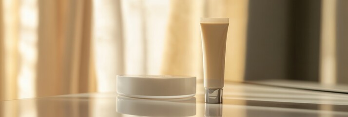 Aufkleber - A tube of cream stands beside a round container, reflecting soft light from a nearby window in a warm room. Generative AI