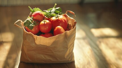 Poster - Fresh tomatoes piled high in a brown paper bag on a wooden table, perfect for snacking or cooking