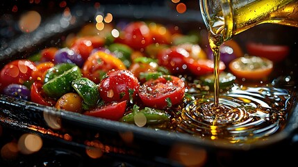 Wall Mural -   A plate of olives, tomatoes, peppers with oil pouring