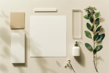 Aufkleber - A still life image featuring a plant, a bottle of lotion, and a picture frame on a table