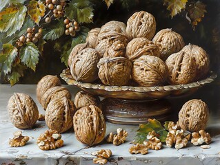 Wall Mural - Still life painting of walnuts in a bowl and scattered on a table with leaves.