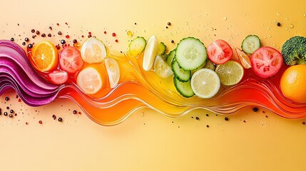 Wall Mural -   Arranged wavy line of fruits and veggies on yellow-orange background with sprinkles