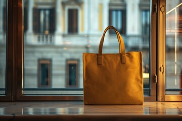 Wall Mural - A yellow bag sits on a counter in front of a window, with a view of the outside environment