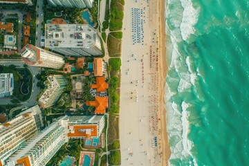 Poster - Aerial view of a beach with buildings in the background, suitable for travel or real estate uses