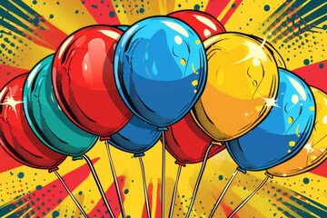 Poster - A bunch of colorful balloons floating on a bright yellow background, suitable for parties and celebrations