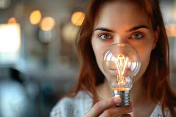 Poster - A woman holds a light bulb up to her face, lit from within