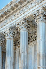 Poster - A close-up shot of a building featuring ornate columns and a clock, perfect for use in architectural or design-related contexts