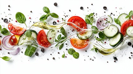 Wall Mural -   A topped white table with sliced cucumber, tomato, onion, and sprinkled spinach