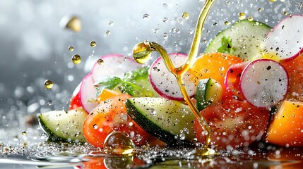 Wall Mural -   A close-up photo of vegetables immersed in water, with droplets glistening on their surfaces