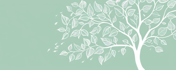 Wall Mural - A simple white line drawing on a mint green background of a tree with lush leaves. The soft color emphasizes the vitality and freshness of nature.