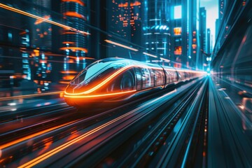 Poster - Train travels through a city at night