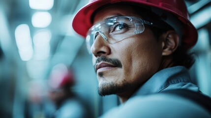 Wall Mural - A worker wearing a red hard hat stands in an industrial setting, staring ahead, embodying focus and dedication amidst the lights and machinery of a modern workspace.