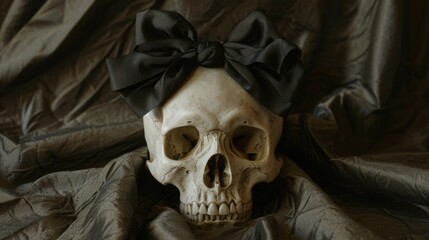 Poster - A skull with a black ribbon or bow tied around its head, often used for Halloween or spooky themes