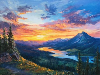 Oil painting depicting a scenic sunrise over a majestic mountain from a viewpoint showcasing vibrant colors and natural beauty