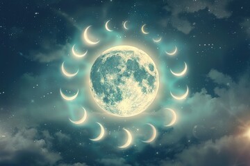 Wall Mural - A bright full moon hanging in the dark blue night sky