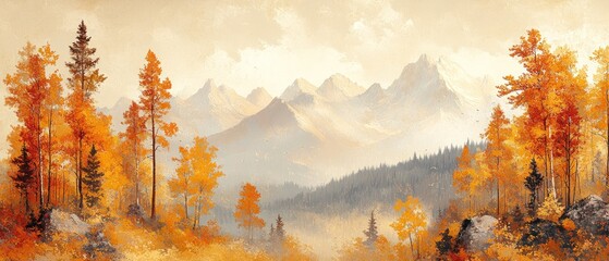 Sticker - A Misty Autumn Forest Scene with Distant Mountain Peaks