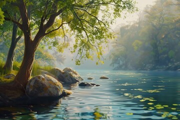 Poster - A serene river scene with rocks and trees along the bank, perfect for use in nature or outdoor-themed projects