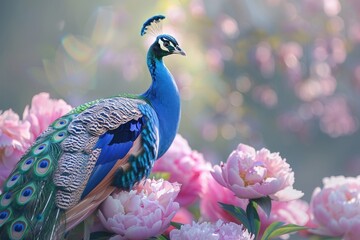 Poster - A majestic peacock perches on a colorful bed of flowers, showcasing its vibrant plumage