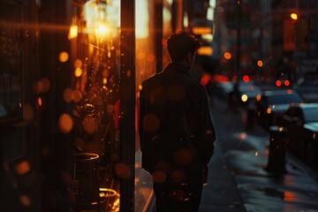 Aufkleber - A person standing on a sidewalk during a rainy day