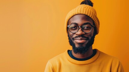Poster - A person wearing a bright yellow hat and glasses, suitable for use in illustrations about people, fashion, or everyday life