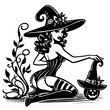 © Luka - vintage pin up girl dressed as a witch with hat and halloween pumpkin vector graphic
