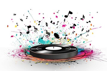 Aufkleber - A creative illustration of music notes flying out of a vinyl record, ideal for use in designs related to music, art, or creativity