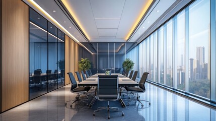 Poster - a stylish and professional conference room, with glass walls and a large meeting table, designed for