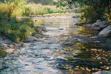 Poster - A serene river flows gently through the middle of a lush green forest, surrounded by tall trees and underbrush