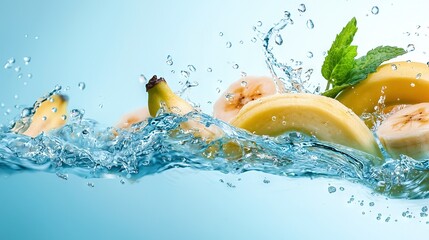 Wall Mural -   A group of floating bananas with a leaf atop one and another nearby