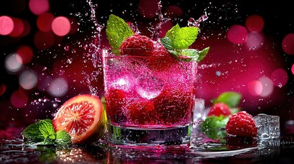 Wall Mural -   Close-up of a drink with water splash and grapefruit next to it