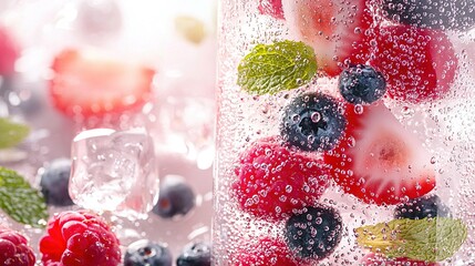 Wall Mural -   Raspberries, blueberries, mint leaves in water with ice