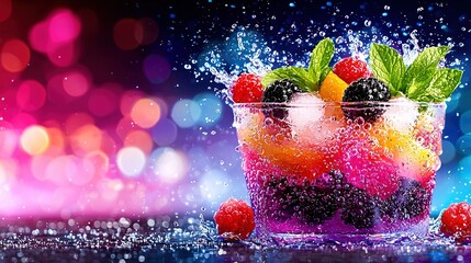 Wall Mural -   A close-up of a fruit salad in a glass of water, with berries and mints splashing out