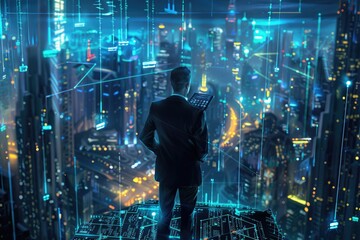 Poster - A person standing on the roof of a building, gazing out at the city skyline